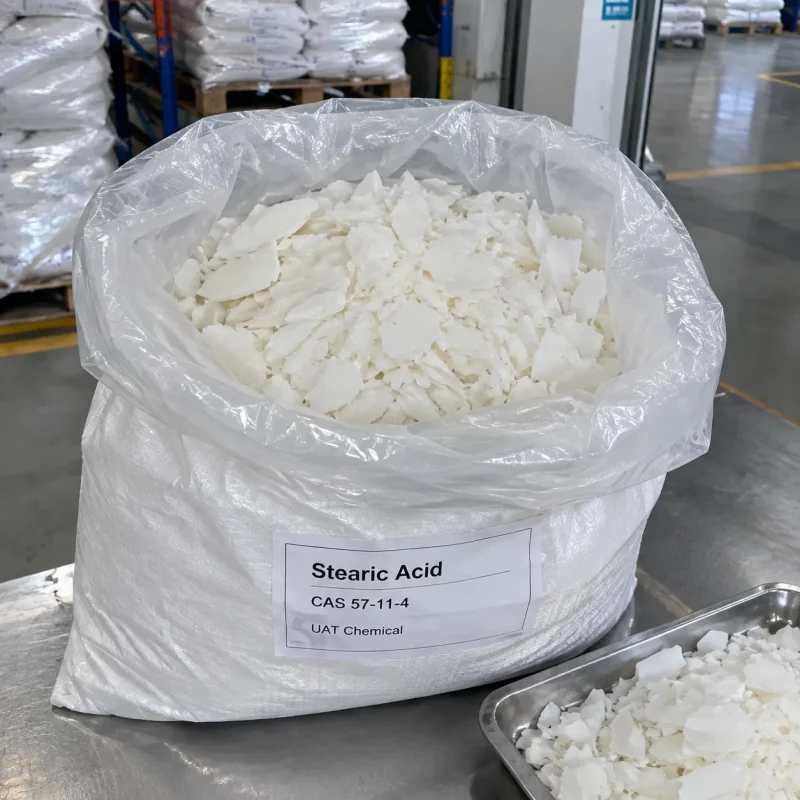 stearic-acid-cas-57-11-4-white-flakes-open-bag Stearic Acid CAS 57-11-4 white flakes in open woven bag with PE liner and steel tray