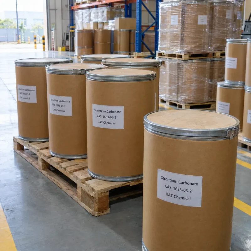 strontium-carbonate-cas-1633-05-2-fiber-drums-pallet Strontium carbonate CAS 1633-05-2 packed in cardboard fiber drums on wooden pallet in warehouse