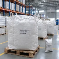 strontium-carbonate-cas-1633-05-2-ton-bag-25kg-bag Strontium carbonate CAS 1633-05-2 in 1000 kg FIBC ton bag beside a 25 kg bag on warehouse floor