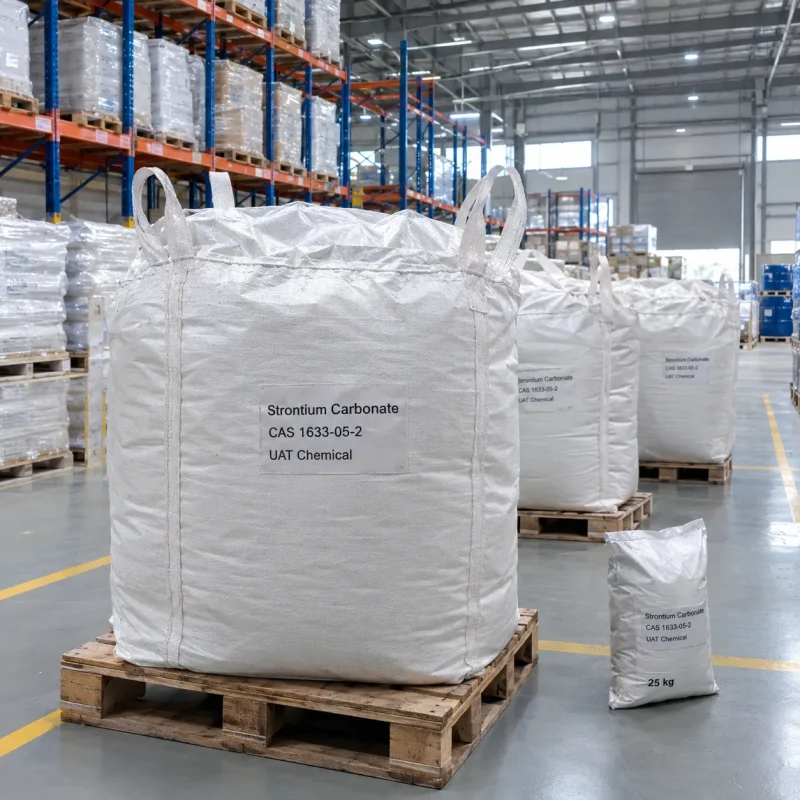 strontium-carbonate-cas-1633-05-2-ton-bag-25kg-bag Strontium carbonate CAS 1633-05-2 in 1000 kg FIBC ton bag beside a 25 kg bag on warehouse floor
