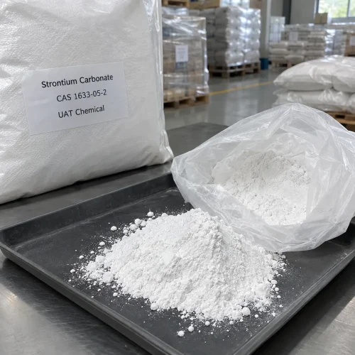 strontium-carbonate-cas-1633-05-2-white-powder-sample Strontium carbonate CAS 1633-05-2 white powder sample on tray with packed bags in warehouse