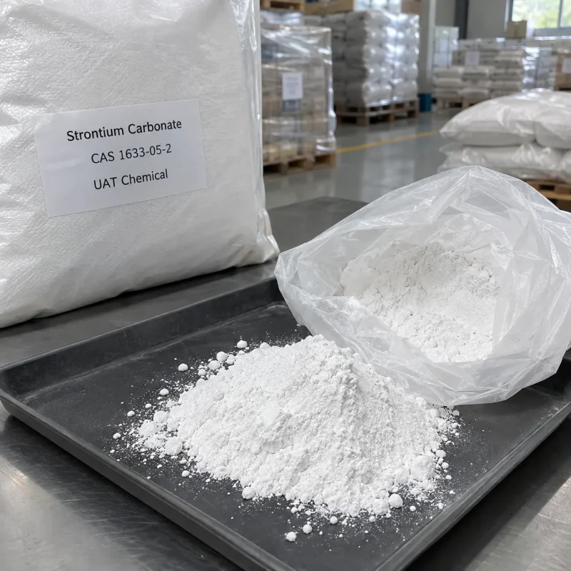 strontium-carbonate-cas-1633-05-2-white-powder-sample Strontium carbonate CAS 1633-05-2 white powder sample on tray with packed bags in warehouse