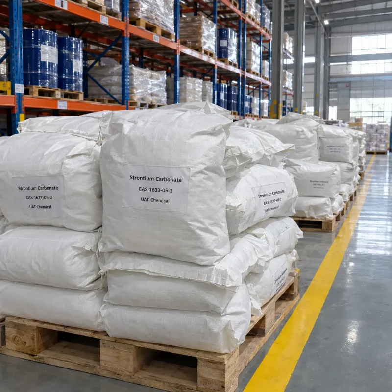 strontium-carbonate-cas-1633-05-2-woven-bags-stacked Strontium carbonate CAS 1633-05-2 in white woven PP bags stacked on pallets in warehouse