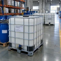 styrene-acrylic-emulsion-cas-25085-34-1-1000kg-ibc-tote Styrene acrylic emulsion CAS 25085-34-1 in 1000 kg IBC tote with metal cage in warehouse beside 200 kg drums