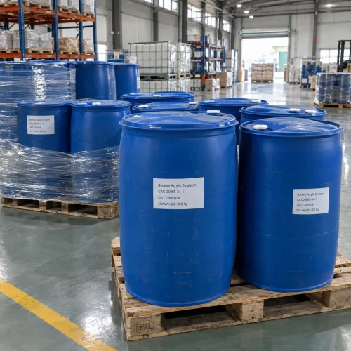 Styrene acrylic emulsion CAS 25085-34-1 in 200 kg blue plastic drums on pallets in warehouse
