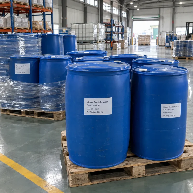 styrene-acrylic-emulsion-cas-25085-34-1-200kg-drums Styrene acrylic emulsion CAS 25085-34-1 in 200 kg blue plastic drums on pallets in warehouse