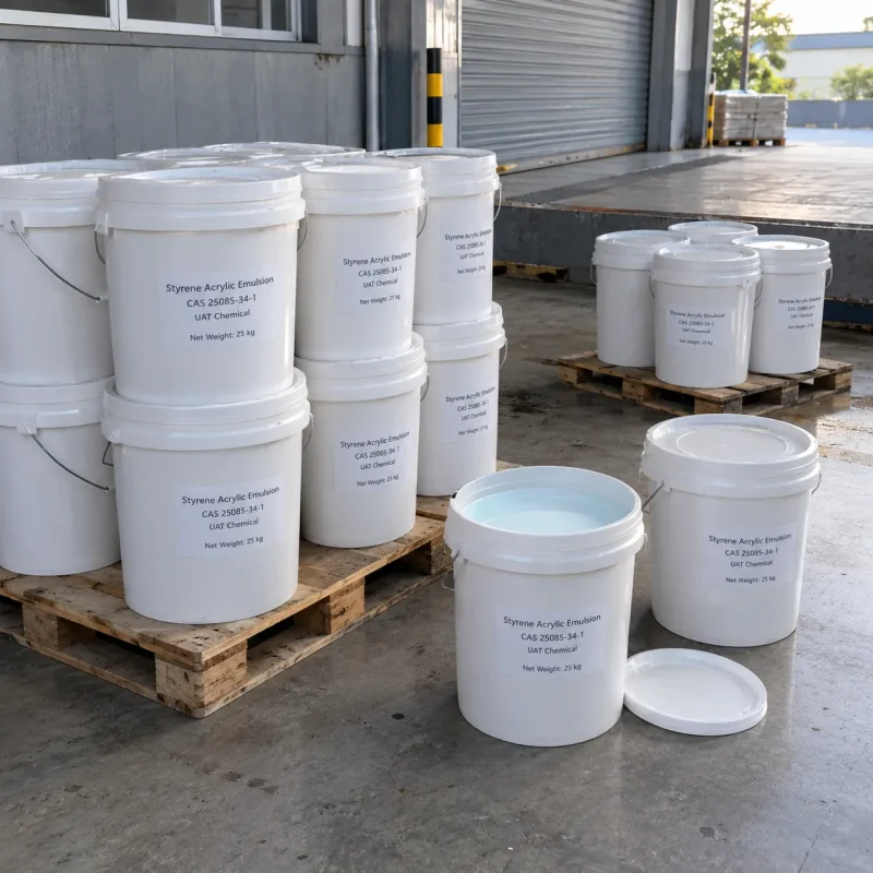 styrene-acrylic-emulsion-cas-25085-34-1-25kg-pails Styrene acrylic emulsion CAS 25085-34-1 in 25 kg white plastic pails on pallets with open pail showing milky liquid