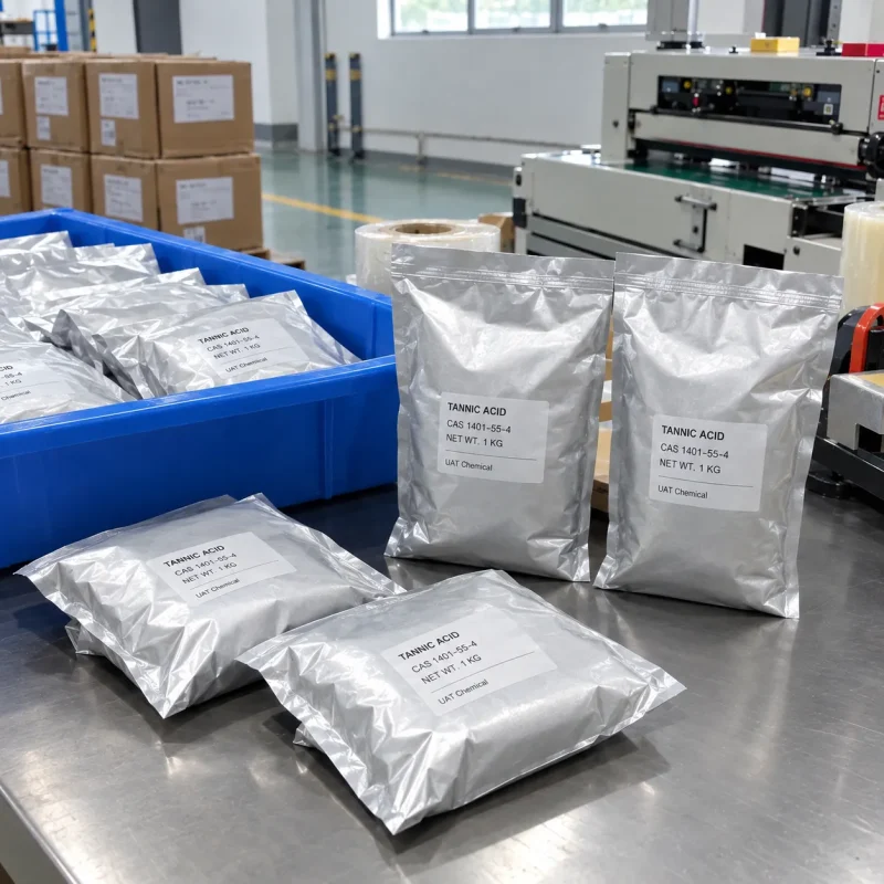 tannic-acid-cas-1401-55-4-1kg-aluminum-foil-bags-packing-line Tannic Acid CAS 1401-55-4 in 1 kg aluminum foil bags at packing line with blue crate