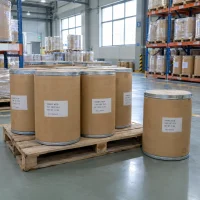 tannic-acid-cas-1401-55-4-25kg-fiber-drums-pallet Tannic Acid CAS 1401-55-4 in 25 kg fiber drums arranged on pallet in warehouse