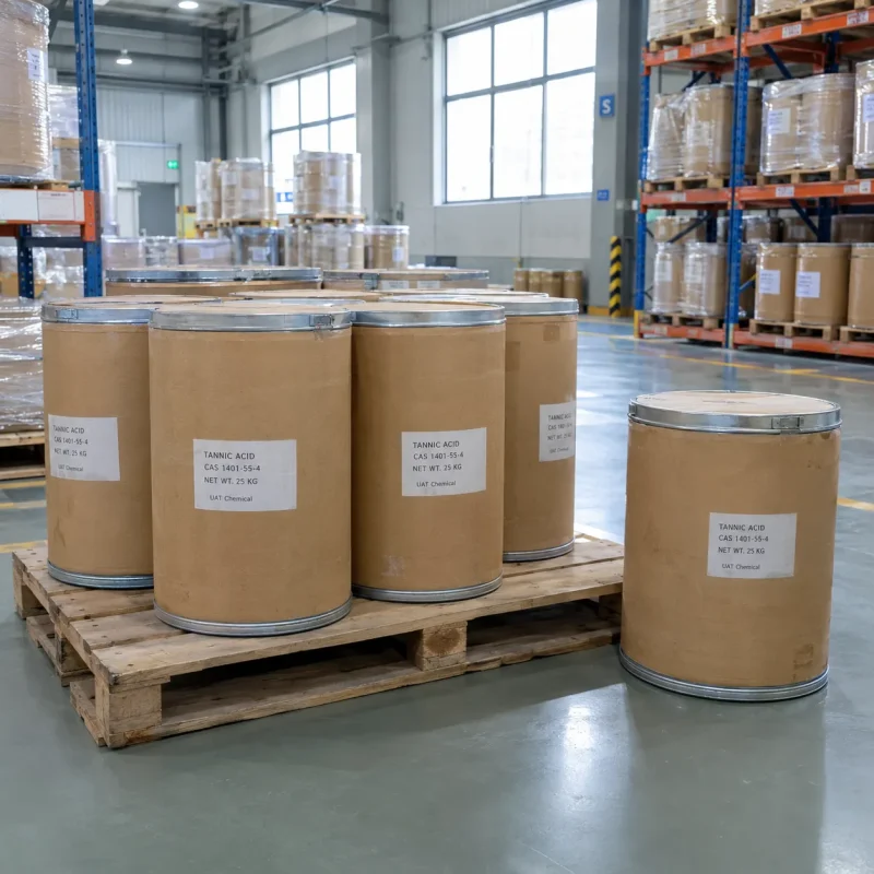 tannic-acid-cas-1401-55-4-25kg-fiber-drums-pallet Tannic Acid CAS 1401-55-4 in 25 kg fiber drums arranged on pallet in warehouse
