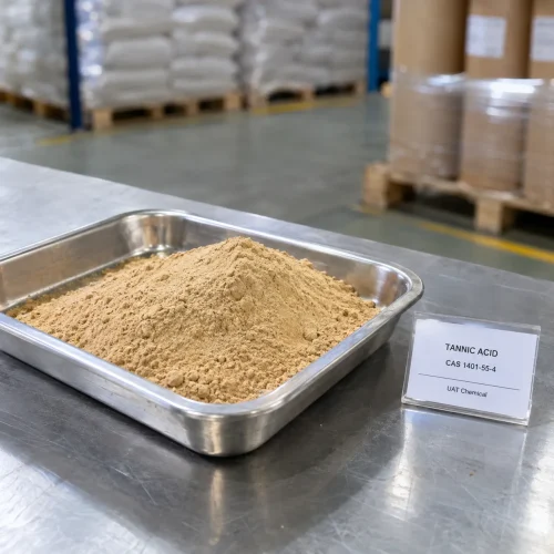 tannic-acid-cas-1401-55-4-yellow-brown-powder-steel-tray Tannic Acid CAS 1401-55-4 yellowish brown powder in stainless steel tray on table