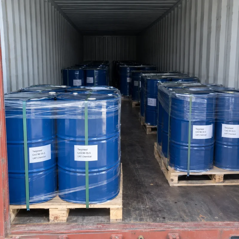 Pallets of blue steel drums labeled Terpineol (CAS 98-55-5) shrink-wrapped and strapped inside a shipping container