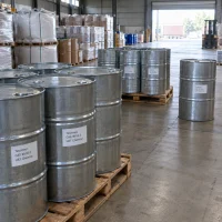 Galvanized steel drums labeled Terpineol (CAS 98-55-5) placed on wooden pallets in a chemical warehouse