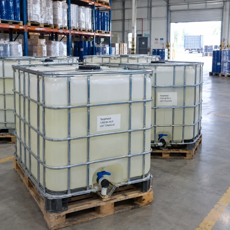Terpineol (CAS 98-55-5) stored in white IBC tote containers on wooden pallets in a chemical warehouse