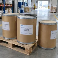 tetrachlorophthalic-anhydride-cas-117-08-8-25kg-fiber-drums-pallet Three 25kg fiber drums of Tetrachlorophthalic Anhydride CAS 117-08-8 on a wooden pallet, with one drum open showing the inner lining.