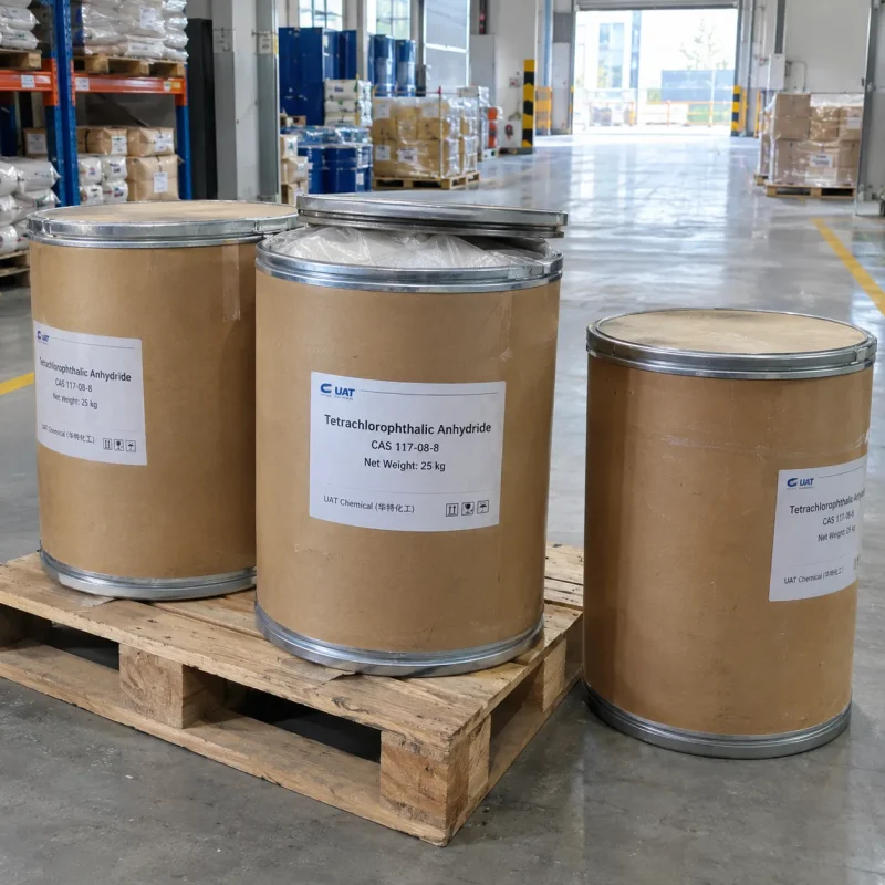 tetrachlorophthalic-anhydride-cas-117-08-8-25kg-fiber-drums-pallet Three 25kg fiber drums of Tetrachlorophthalic Anhydride CAS 117-08-8 on a wooden pallet, with one drum open showing the inner lining.