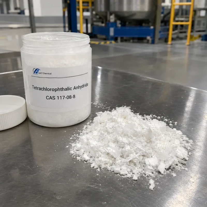 tetrachlorophthalic-anhydride-cas-117-08-8-white-crystals-sample-jar White crystalline powder of Tetrachlorophthalic Anhydride CAS 117-08-8 next to a sample jar on a stainless steel table in a factory.