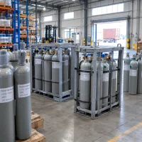 thionyl-tetrafluoride-cas-13709-54-1-cylinder-pallet-racks Thionyl tetrafluoride SOF4 CAS 13709-54-1 cylinders grouped in steel pallet racks in warehouse loading area