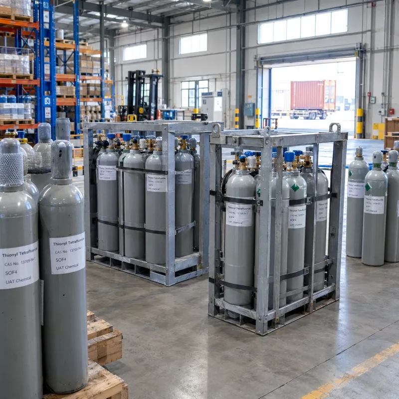 thionyl-tetrafluoride-cas-13709-54-1-cylinder-pallet-racks Thionyl tetrafluoride SOF4 CAS 13709-54-1 cylinders grouped in steel pallet racks in warehouse loading area