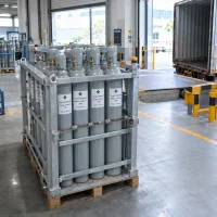 thionyl-tetrafluoride-cas-13709-54-1-cylinder-rack-dock Thionyl tetrafluoride SOF4 CAS 13709-54-1 cylinders in metal rack pallet near loading dock with container truck