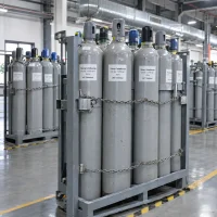 thionyl-tetrafluoride-cas-13709-54-1-cylinders-chain-rack Thionyl tetrafluoride SOF4 CAS 13709-54-1 cylinders secured with chains in steel rack pallet in warehouse