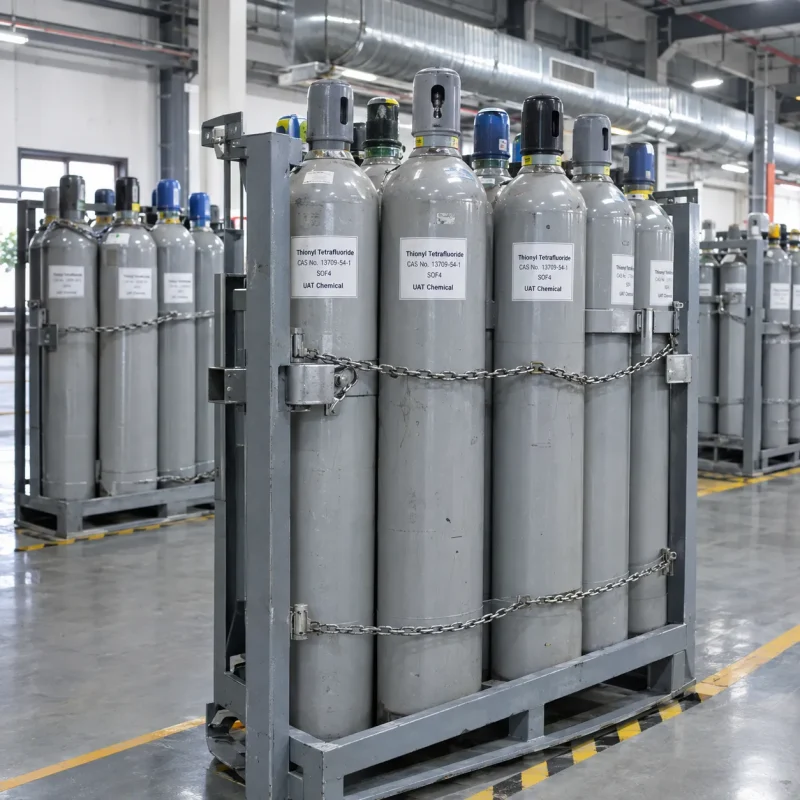 thionyl-tetrafluoride-cas-13709-54-1-cylinders-chain-rack Thionyl tetrafluoride SOF4 CAS 13709-54-1 cylinders secured with chains in steel rack pallet in warehouse