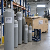 thionyl-tetrafluoride-cas-13709-54-1-gas-cylinders-wooden-case Thionyl tetrafluoride SOF4 CAS 13709-54-1 gas cylinders in different sizes beside wooden shipping case in warehouse