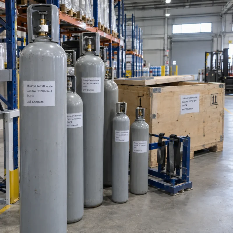 thionyl-tetrafluoride-cas-13709-54-1-gas-cylinders-wooden-case Thionyl tetrafluoride SOF4 CAS 13709-54-1 gas cylinders in different sizes beside wooden shipping case in warehouse