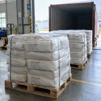 titanium-dioxide-tio2-cas-13463-67-7-25kg-bags-container-loading Shrink-wrapped pallets of 25kg Titanium Dioxide TiO2 CAS 13463-67-7 bags secured with straps at a loading dock in front of an open shipping container.