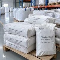 titanium-dioxide-tio2-cas-13463-67-7-25kg-bags-pallet Stacked 25kg white bags of Titanium Dioxide TiO2 CAS 13463-67-7 on a wooden pallet in a warehouse with racks and bulk bags in the background.