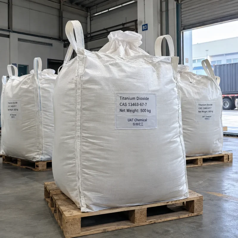 titanium-dioxide-tio2-cas-13463-67-7-500kg-fibc-bulk-bags-pallet White FIBC bulk bags labeled Titanium Dioxide TiO2 CAS 13463-67-7 with 500 kg net weight on wooden pallets at a warehouse loading area with a container truck behind.