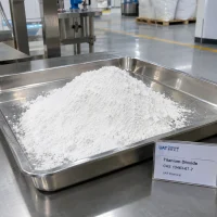 titanium-dioxide-tio2-cas-13463-67-7-white-powder-sample-tray Pile of white Titanium Dioxide TiO2 powder CAS 13463-67-7 in a stainless steel tray with a product label on a metal table in a factory.