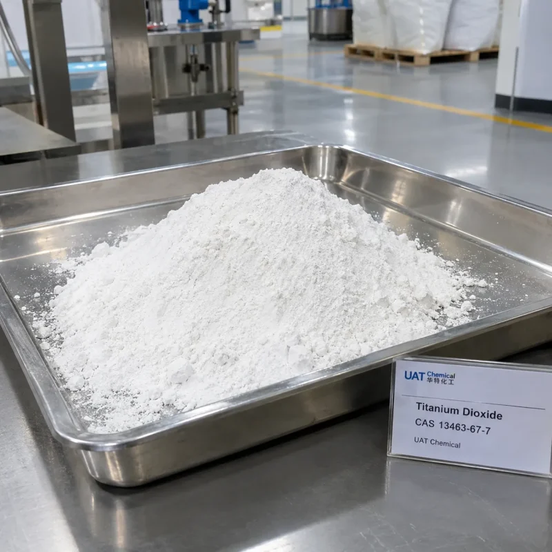 titanium-dioxide-tio2-cas-13463-67-7-white-powder-sample-tray Pile of white Titanium Dioxide TiO2 powder CAS 13463-67-7 in a stainless steel tray with a product label on a metal table in a factory.