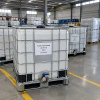 trichloroacetyl-chloride-cas-76-02-8-1000l-ibc-totes-warehouse White IBC totes of trichloroacetyl chloride (CAS 76-02-8), 1000 L each, in a warehouse