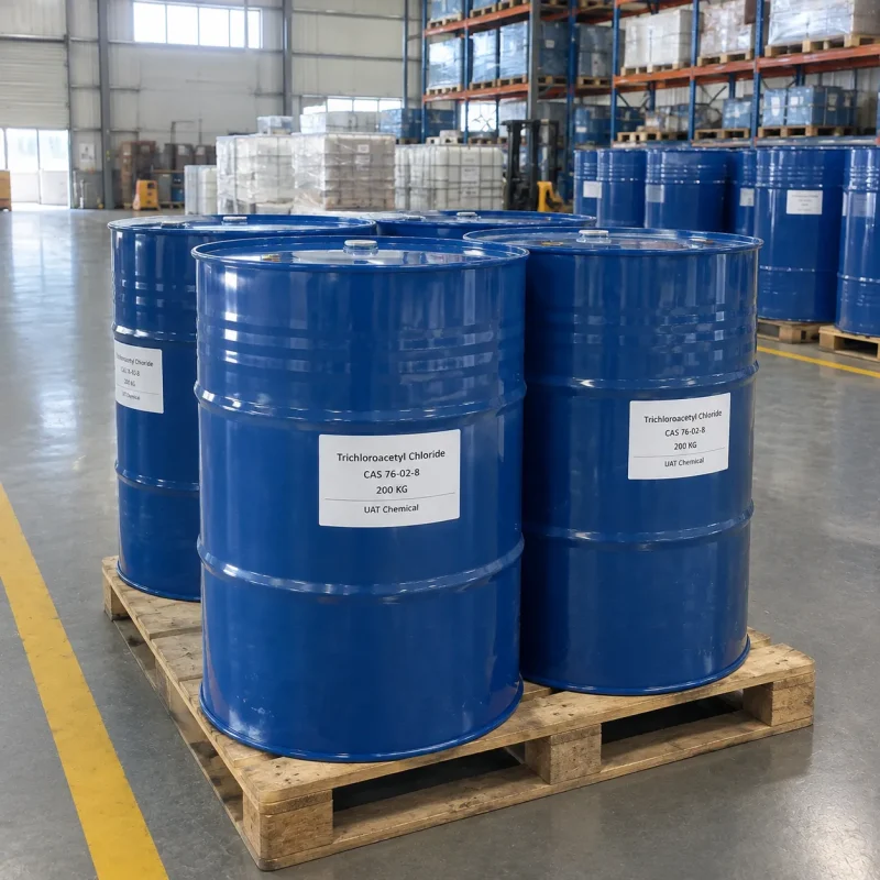 trichloroacetyl-chloride-cas-76-02-8-200kg-blue-steel-drums-pallet Blue steel drums of trichloroacetyl chloride (CAS 76-02-8), 200 kg each, on a wooden pallet in a warehouse