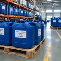 trichloroacetyl-chloride-cas-76-02-8-50kg-plastic-jerrycans-pallet Blue plastic jerrycans of trichloroacetyl chloride (CAS 76-02-8), 50 kg each, on a wooden pallet
