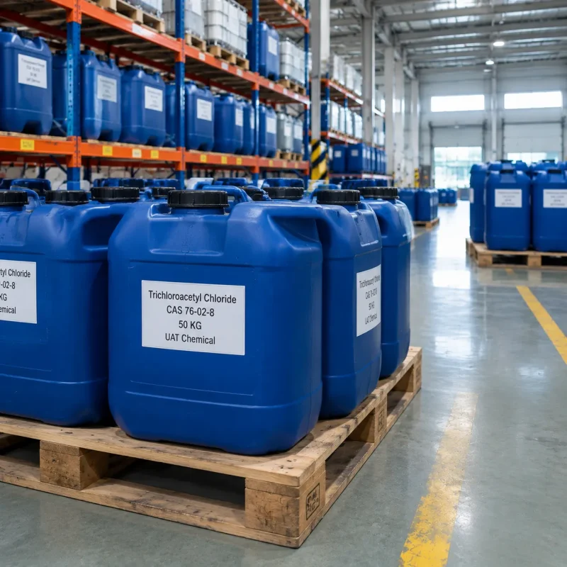 trichloroacetyl-chloride-cas-76-02-8-50kg-plastic-jerrycans-pallet Blue plastic jerrycans of trichloroacetyl chloride (CAS 76-02-8), 50 kg each, on a wooden pallet