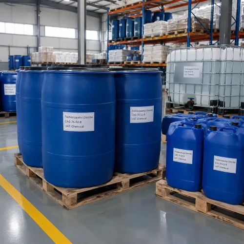 Blue plastic drums and jerrycans of trichloroacetyl chloride (CAS 76-02-8) on wooden pallets in a warehouse