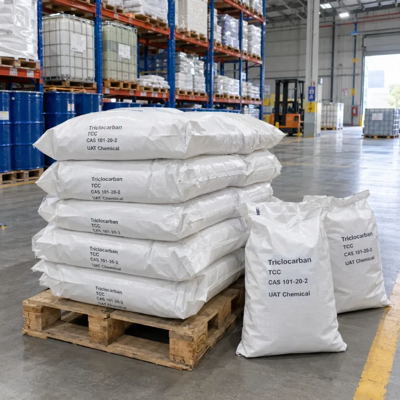Triclocarban (TCC, CAS 101-20-2) packed in white woven bags stacked on an EPAL pallet with upright bags beside it