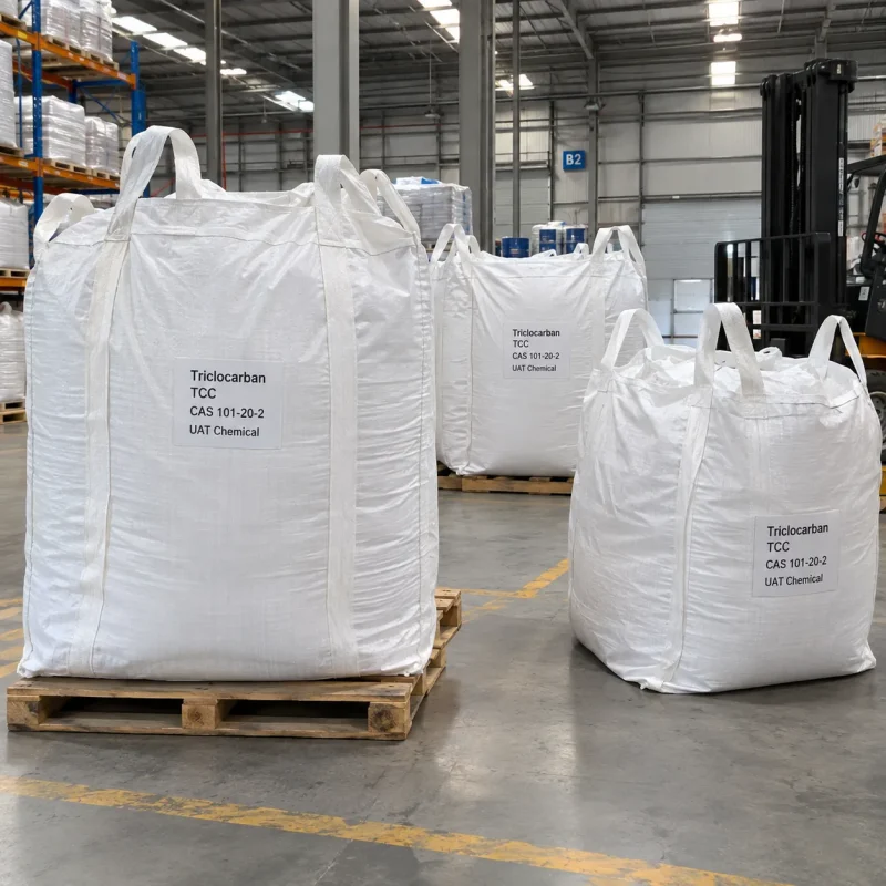 Triclocarban (TCC, CAS 101-20-2) in white FIBC jumbo bulk bags with lifting loops on pallets in a warehouse