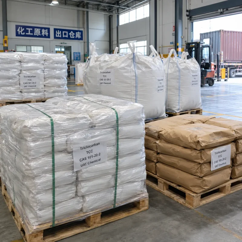 Triclocarban (TCC, CAS 101-20-2) in wrapped bag pallets, kraft bags and bulk bags ready for export in a warehouse