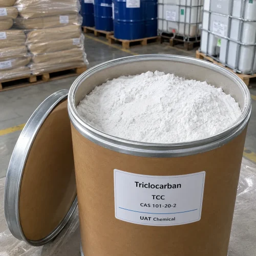 triclocarban-tcc-powder-open-fiber-drum-close-up Triclocarban (TCC, CAS 101-20-2) white powder in an open fiber drum with the lid leaning beside it, close-up
