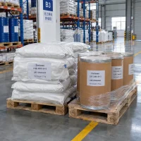 Triclosan (CAS 3380-34-5) in 25 kg woven bags and fiber drums on pallets, stretch-wrapped for shipment in warehouse