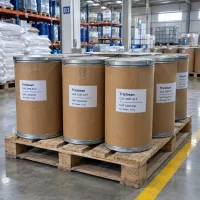 Triclosan (CAS 3380-34-5) packed in 25 kg kraft fiber drums with metal rims stacked on a pallet in warehouse
