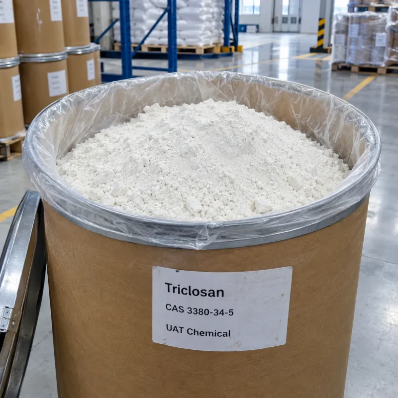 Triclosan (CAS 3380-34-5) white powder in an open fiber drum with plastic liner, close-up view in a warehouse