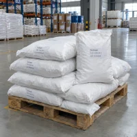 Triclosan (CAS 3380-34-5) powder in white woven bags stacked on an EPAL wooden pallet in a chemical warehouse