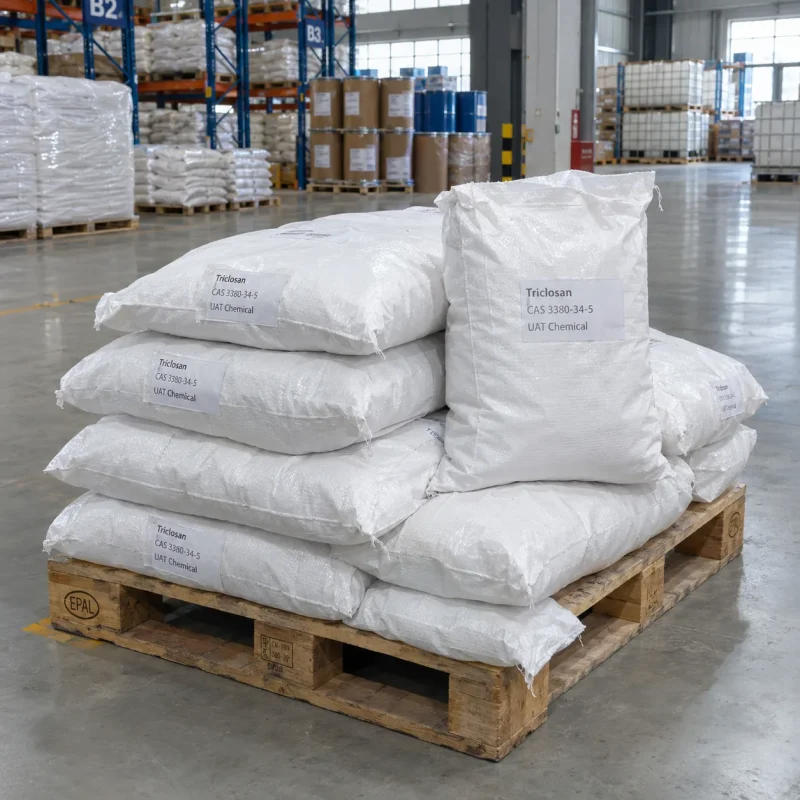 Triclosan (CAS 3380-34-5) powder in white woven bags stacked on an EPAL wooden pallet in a chemical warehouse