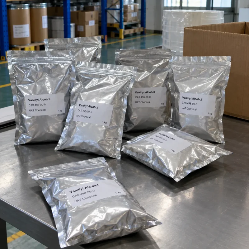 vanillyl-alcohol-cas-498-00-0-1kg-aluminum-foil-bags Vanillyl alcohol CAS 498-00-0 in 1 kg aluminum foil bags on stainless steel table in warehouse