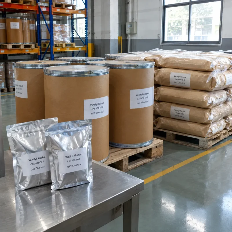 vanillyl-alcohol-cas-498-00-0-drums-bags-pallets Vanillyl alcohol CAS 498-00-0 in fiber drums, kraft paper bags and foil bags on pallets in warehouse