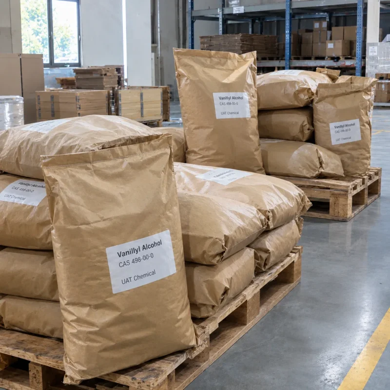 vanillyl-alcohol-cas-498-00-0-kraft-paper-bags Vanillyl alcohol CAS 498-00-0 in kraft paper bags stacked on wooden pallets in warehouse